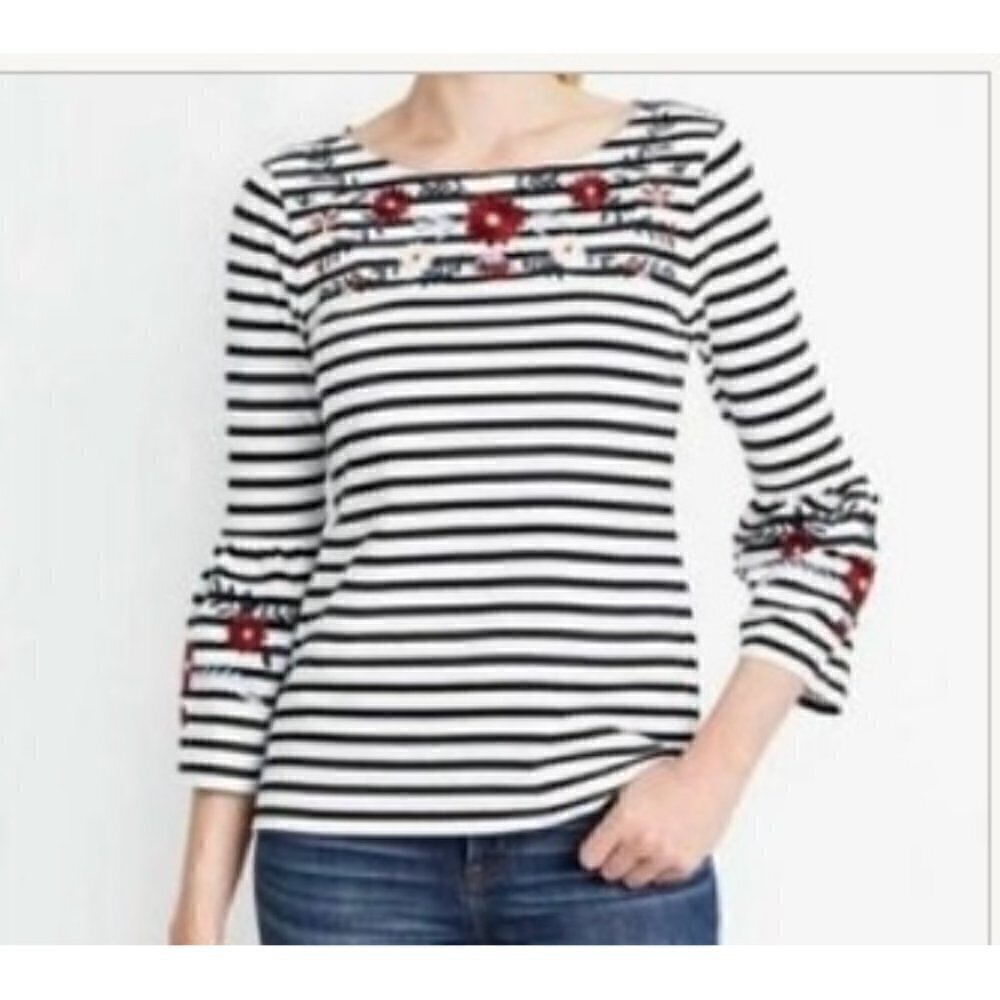 J.Crew SZ XXS Navy & white stripe t-shirt multi color embroidered bell sleeve